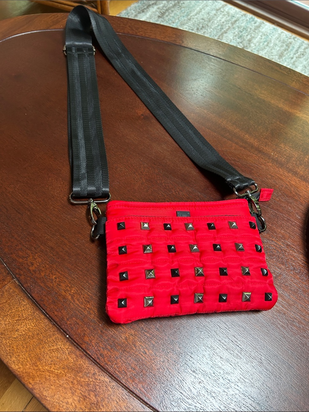 Red Studded Crossbody Bag with Wide Black Strap
